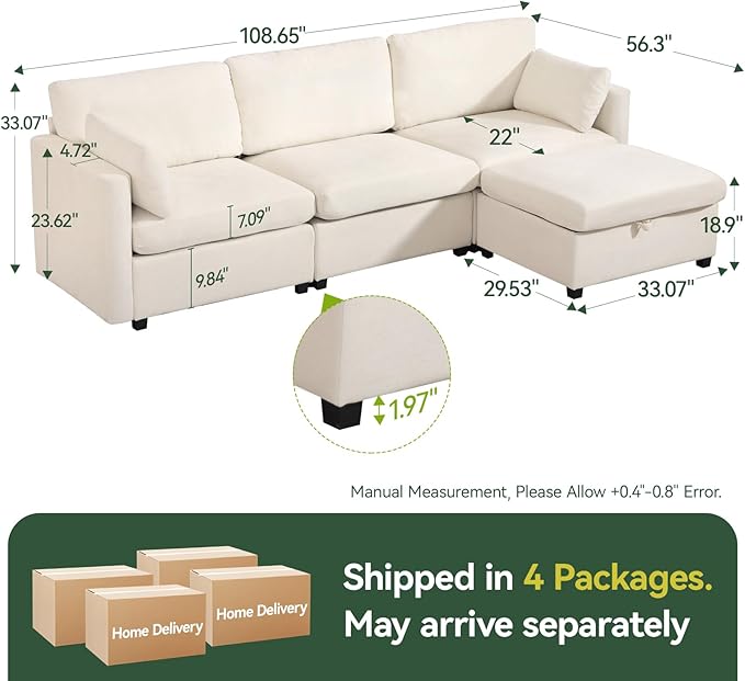109'' Modular Sectional Sofa L Shaped Couch with Storage Ottoman Comfy Cloud Sofa with Deep Seat 4 Seat Convertible Sectional Couches for Living Room (Beige Low Legs 1.97)