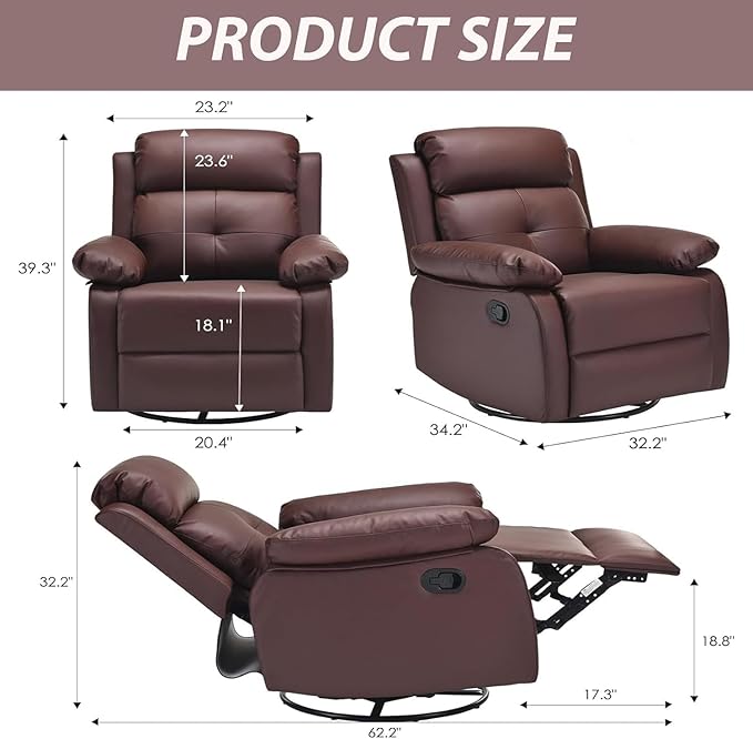 Swivel Rocker Recliner 360 Swivel Small Recliners with 30 Degree 90-150 Degree Angle Faux Leather Lift Chair for Home Theater Seating Adults Living Room Bedroom Brown