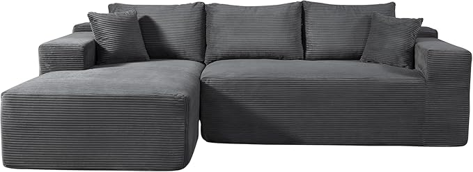 Ridge 2-Piece Convertible Corduroy L-Shaped Sofa in a Box with Pillows 3-Seater Modular Sectional Couch Compressed Living Room Furniture Dark Grey (Left Facing)