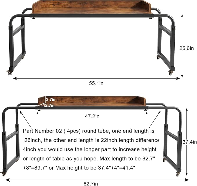 Overbed Table with Wheels Bed Desk Recliner Table Adjustable Height Laptop Table Queen King Size Over The Bed Table with Wheels &amp Heavy Duty Metal Leg Laptop Desk for Recliner (Rustic Brown)