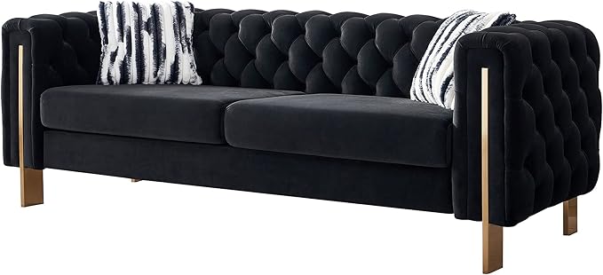 Chesterfield Modern Tufted Velvet Living Room Sofa with High Armrest and Metal Legs Decor 84.25''W 3 Seater Couch Couches Furniture for Bedroom Office (Black)