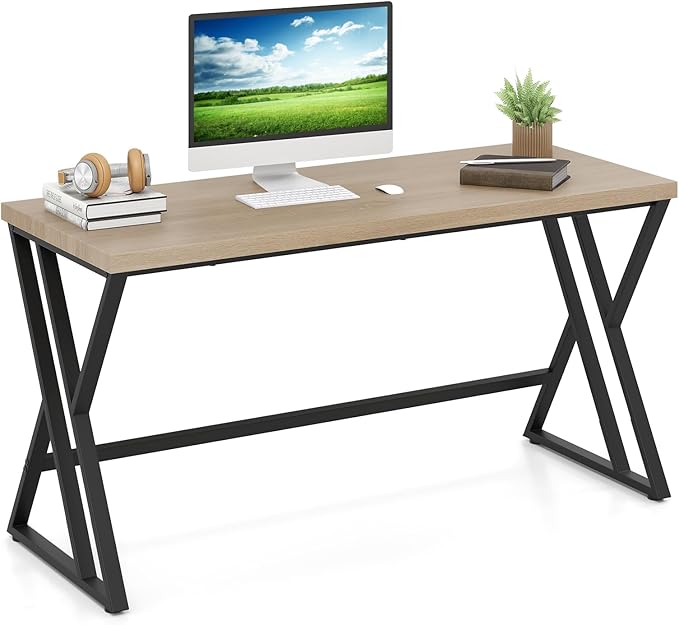 Giantex Large Computer Desk 59 Industrial Home Office Desk with Z-Shaped Metal Leg &amp Crossbar Rustic Laptop Computer Workstation Modern Simple Executive Writing Desk for Gaming Study Grey Oa