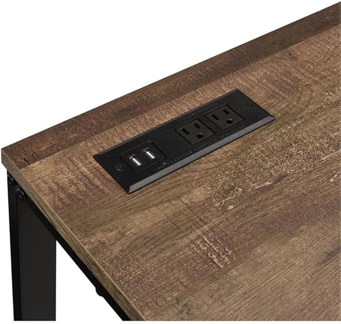 Pemberly Row Wooden Writing Desk with USB Port Rectangle Top Walnut and Black Finish MDF and Metal Construction 47 W x 24 D x 30 H Modern Style Office Desk for Work or Home