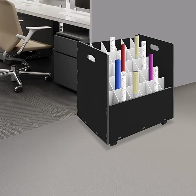 Mobile Roll File Storage Organizer with Wheels 30 Slots Black Mobile Files Storage Cabinet Construction Plan Holders Roll Files Storage for Office School (30 Slots Black)