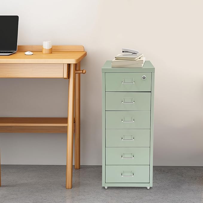6 Drawer Filing Cabinets with Lock Metal Vertical File Storage CabinetMoblie Office File Cabinet with WheelsRolling Metal Filing Storage CabinetsLocking File Cabinet for for Home Office (Green)