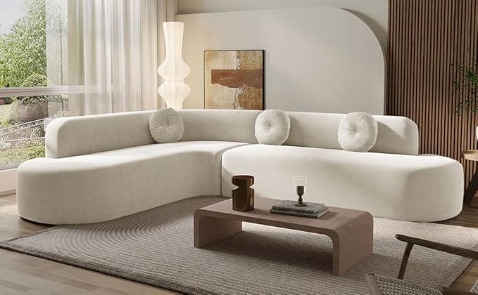 122'' Large Curved Sectional Sofa Modern Elegant L-Shaped Couch Fabric Upholstery with 3 Round Cushions Curved High Resilience Couch Sofas 4 Seater for Living RoomApartmentBedroom-White