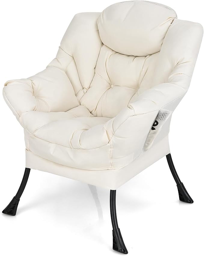 Single Lazy Sofa Chair Modern Lounge Chair Indoor w/Armrests &amp Side Storage Pocket Upholstered Comfy Reading Chair for Bedroom Living Room Office
