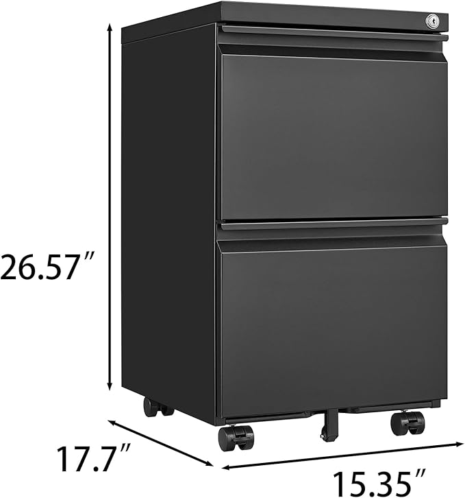 Lateral File Cabinet with 2 Drawers Lockable Metal Stainless Steel Filing Cabinet for Legal/Letter A4 Size Heavy Duty Rolling Home Office Under Desk Organizer Storage Black