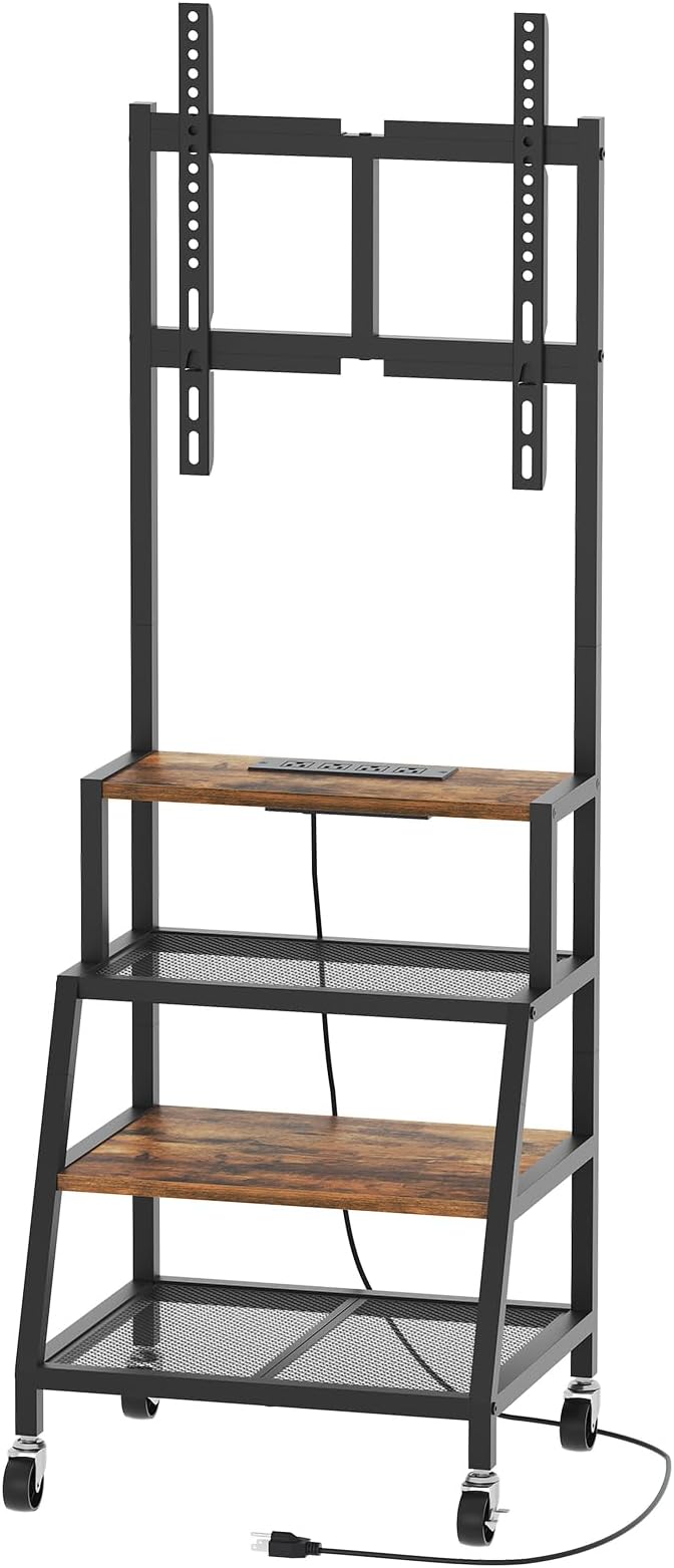 Rolling TV Stand with Mount Corner TV Console with Wheels Up to 55 Inches Entertainment Center with Storage Small TV Stand with Power Outlet for Living Room Rustic Brown TVHR117E01