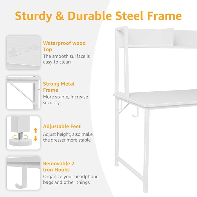 DLisiting White Computer Desk with Hutch &amp Drawers - Office Desk with 3 Storage Drawers and Power Outlets 47 Inch Modern Study Writing Desk for Bedroom Home Office