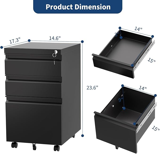 TrailBlaze 3-Drawer Mobile File Cabinet with Lock – Under Desk Rolling Storage Cabinet Fits Legal/Letter/A4 Metal Filing Cabinet with Locking Casters &amp Easy Assembly for Home Office Workspace