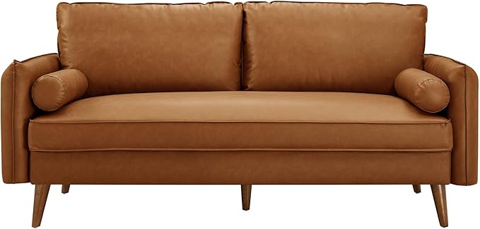 Modway Revive 72 Inch Faux Leather Sofa in Tan – 3 Seater PU Leather Couch with Cozy Wide Seats - Mid-Century Modern Upholstered Sofa for Living Room or Office