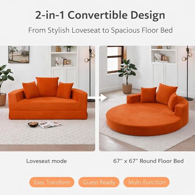 Convertible Round Sofa Bed 67 Corduroy Upholstered Loveseat Sleeper Couch Pull-Out Floor Bed with 3 Pillows No Assembly 550 lbs Weight Capacity (Orange)