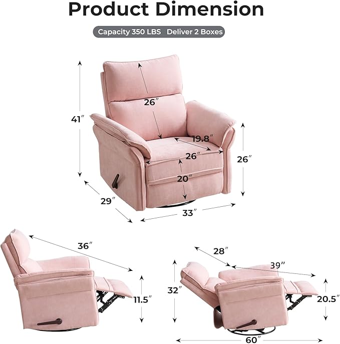 Oversized Recliner Chair 26 Extra Wide 360° Swivel Rocker Recliner with Adjustable Headrest Chenille Glider Rocking Nursery Chair with Overstuffed Armrest Lumbar Support Pink