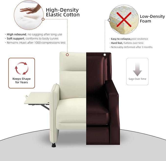 Faux Leather Accent Chair Sofa for Living Room with Flip-Up Tray Table Side Pocket Ergonomic Soft Backrest &amp Elastic CushionBeige