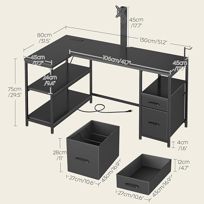 L Shaped Computer Desk with Adjustable Monitor Stand Gaming Desk with Power Outlets Office Desk with Fabric Drawer File Drawer and Hook for Living Room Home Office Black DN03UBB