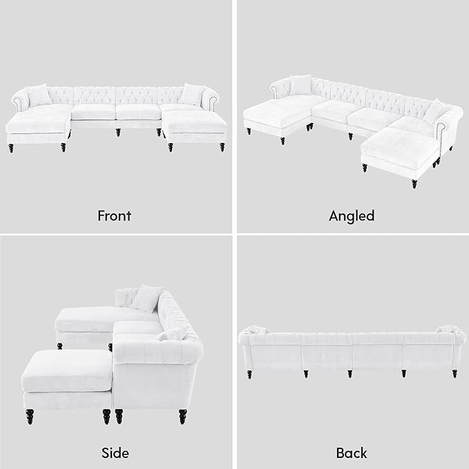 ORRD U Shaped Chesterfield Sofa Oversized Sectional Linen Couch Chaise Ottoman Sofa Upholstered Accent Tufted Couch with Rolled Armrest and Nailhead Design for Living Room Office - White