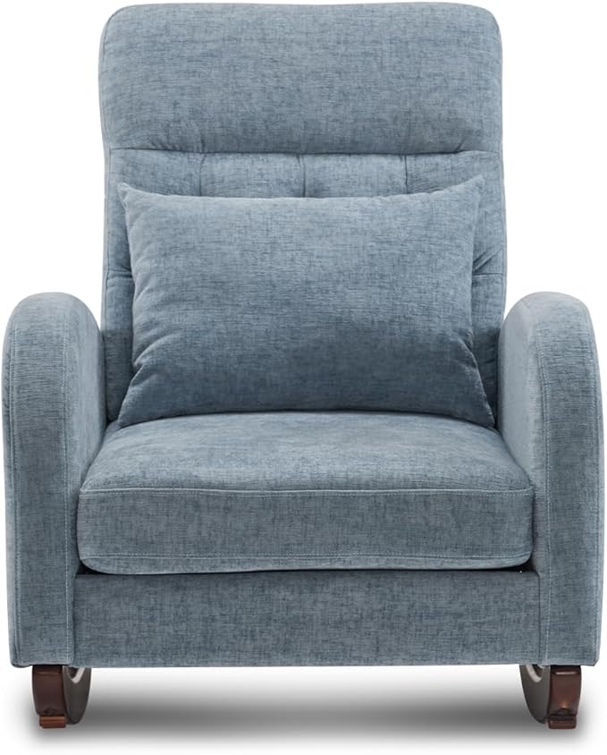 VINGLI Chenille Low Seat Nursery Rocking ChairUpholstered Comfy Rocker Glider Chair with Side Pockets Accent Arm Chair with High BackrestSolid Wood Base for Living Room Bedroom BalconyBlue