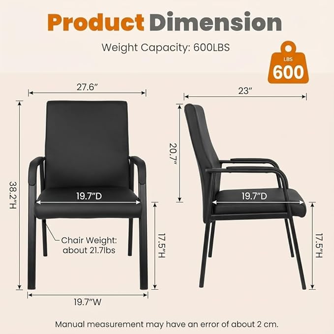 Leather Office Guest Chair Guest Conference Room Chair 600 LBS Capacity High Back Reception Chair with Padded Armrests No Wheels Black - 10 Pack