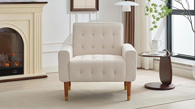 JOSHEN 33 Modern Accent ChairComfy Boucle Living Room Chairs with Solid Wood FrameLounge Reading ArmchairBeige