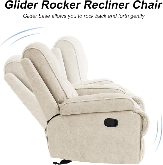 Manual Rocker Recliner Chair for Adults High Back Glider with Deep Seat Upholstered Fabric Armchair for Living Room &amp Nursery Beige
