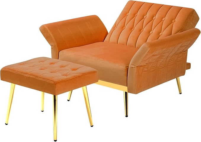 Velvet Accent Chair with Adjustable Backrest and Armrests Single Recliner Armchair with Ottoman and Golden Mental Legs for Living Room Bedroom and Waiting Room Orange
