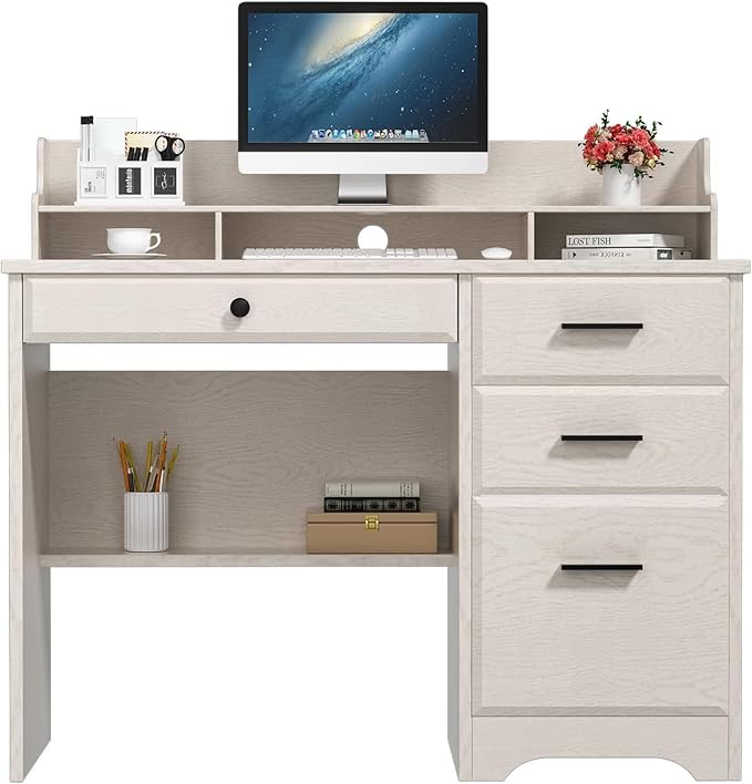 White Home Office Desk with 4 Drawers &amp Hutch Computer Table for Bedroom Off-White