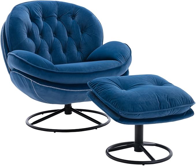 TRIPLE TREE Velvet Accent Chair with Ottoman 360 Degree Swivel Lounge Armchair with Metal Base Comfy TV Chair Recliner Chair for Living Room Bedroom Reading Room Office Blue
