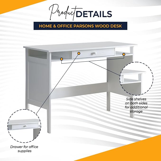 Kings Brand Furniture Home &amp Office Parsons Wood Desk with Drawer White