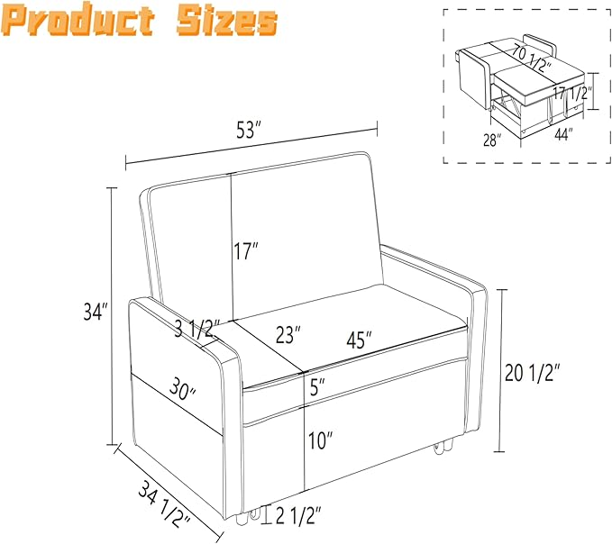 FONTOI Sleeper Sofa Bed with Pull Out Bed 53 Convertible Loveseat Sofa with Adjustable Backrest Small Pull Out Couch Bed for Living Room Office Bedroom Apartment Grey