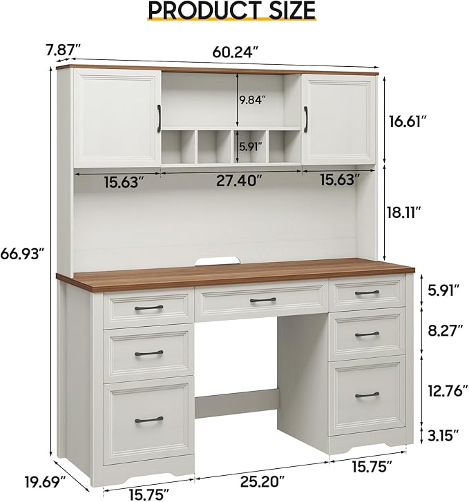 Vabches Farmhouse Executive Desk with 7 Drawers and Storage Cabinet Rustic Large Home Writing Desk with Hutch Workstation for Bedroom White
