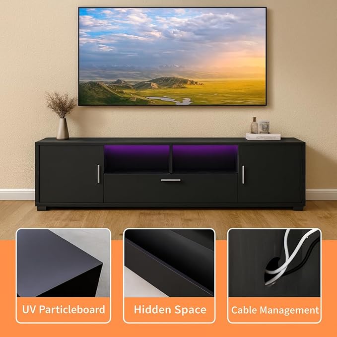 Modern Black TV Stand for TVs up to 75 Inches – LED Light Entertainment Center with Drawer &amp Cabinets Media Console with Storage Shelves for Living Room