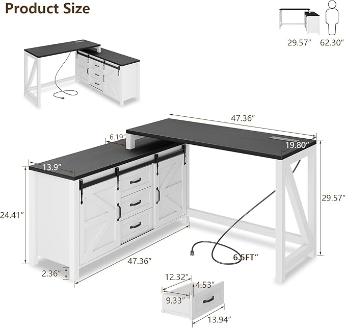 L Shaped Desk With Drawers Farmhouse Executive Wood Home Office With Power Outlet Rustic Reversible Computer With Storage Cabinet Double Sliding Barn Door and Adjustable Shelves