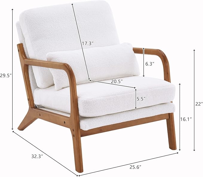 Mid-Century Armchair with Solid Wood FrameLiving Room Chair with Extra-Thick Padded Backrest and Seat CushionSingle Sofa Chairs with Non-Slip Feet105° Slop BackTeddy Accent Chair for ClubOffice