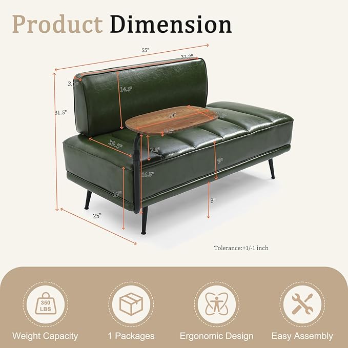 55 Sofa Couch for Living Room with 360° Swivel Side TableUpholstered Small Couches for Bedroom Office or Apartment (Green)