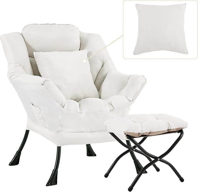 Lazy Chair with Ottoman Comfy Reading Lounge Chair with Footstool &amp Throw Pillow Modern with Armrests &amp Side Pocket for Living Room Bedroom Dorm Room Beige