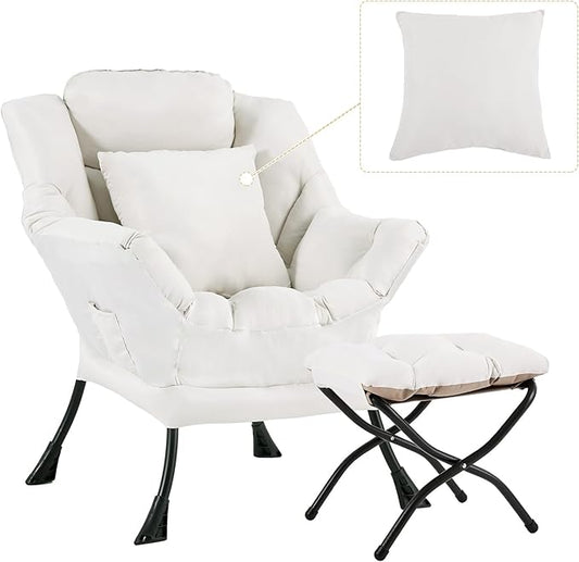 Lazy Chair with Ottoman Comfy Reading Lounge Chair with Footstool &amp Throw Pillow Modern with Armrests &amp Side Pocket for Living Room Bedroom Dorm Room Beige