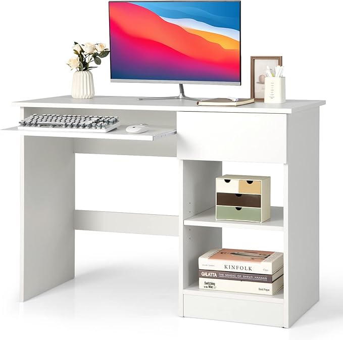 MEDIMALL Home Office Computer Desk with Storage Multifunctional Writing Desk with Keyboard Tray Pull-out Drawer &amp CPU Stand PC Workstation with Adjustable Shelf for Bedroom Study Office Whi