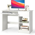 GOFLAME Home Office Desk with Drawer Wooden Storage Computer Desk with Keyboard Tray &amp Adjustable Shelves Executive Table Makeup Vanity Table Desk for Bedroom Small Space White