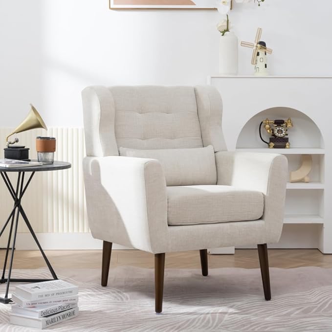 Modern Accent ChairChenille Arm Chairs for Living RoomUpholstered Mordern ArmchairComfy Soft Padded Lounge Chair in Small Space Bedroom w/Pillow Solid Wood Leg (Beige + Chenille)