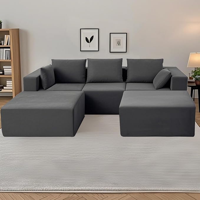 Cloud Sectional Couch 110 Inch Modern Modular Sectional U-Shaped Chenille Cloud Sofa with 2 Movable Ottomans Deep Seat Boneless Upholstered Couches for Living RoomNo Assembly RequiredGrey