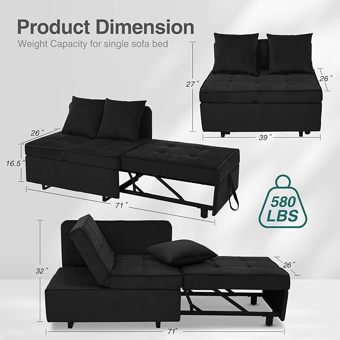 Sleeper Sofa Bed Convertible 4-in-1 Pull Out Couch with 5 Adjustable Backrest Modern Velvet Sofa with USB Ports &amp Storage Pocket (Includes Pillow) for Living Room BedroomApartment Black