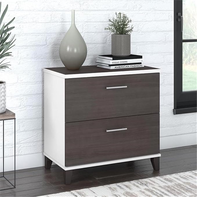 Pemberly Row 2 Drawer Wood Lateral File Cabinet White and Storm Gray Finish 30W x 17D x 29H Full-Extension Ball Bearing Slides Transitional Style Home Office Storage Furniture for Documents