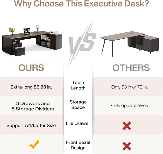 Tribesigns 85.8-Inch L-Shaped Executive Desk with File Drawers Door Cabinet &amp Shelves Extra Large Commercial Office Desk Modern Professional Office Table Business Furniture Grey &amp Black