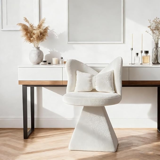 KEIKI 360° Swivel Accent Sofa Chair Armless Chenille Vanity Chair Upholstered Single Sofa for Living Room Bedroom or Vanity White