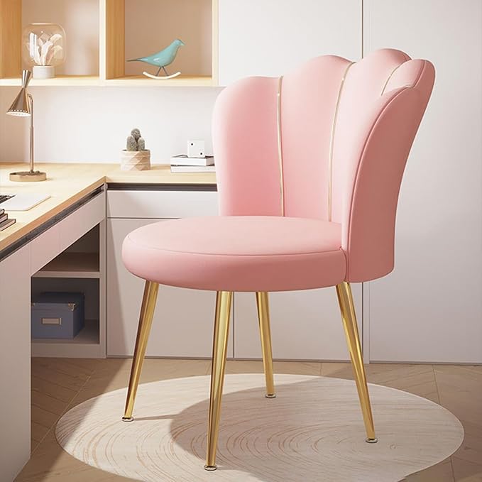 Mid-Century Modern Accent Chair Velvet Upholstered with Golden Legs - Versatile Dining Living Room Bedroom Study &amp Waiting Room Chair with Back Support Elegant Vanity Chair Pink