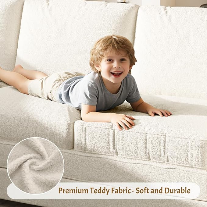 85.1 Sectional Sleeper Sofa with Pull Out Bed Comfy Teddy L Shaped Convertible Sleeper Couch Oversized Modern Modular Deep Seat Cloud Couches with USB Ports for Living Room Beige White