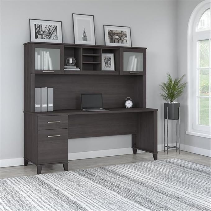 Pemberly Row 72W Office Desk with Drawers and Hutch Storm Gray Finish Engineered Wood Frosted Glass Doors Wire Management Spacious Work Surface for Home Office or Study