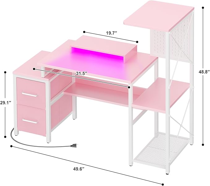 Small Gaming Desk with 2 Fabric Drawers - Reversible Computer Desk with Power Outlet &amp LED Lights 49 Office Desk with Monitor Stand &amp Storage Shelves Writing Study Table with Pegboard Pink