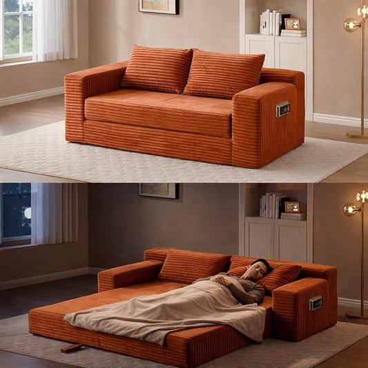 73INCH 2 in 1 Convertible Folding Couch Bed Corduroy Sleeper Sofa with Pull-Out Bed No Assembly Floor Sofa for Living Room Apartment &amp Small Spaces (Orange)
